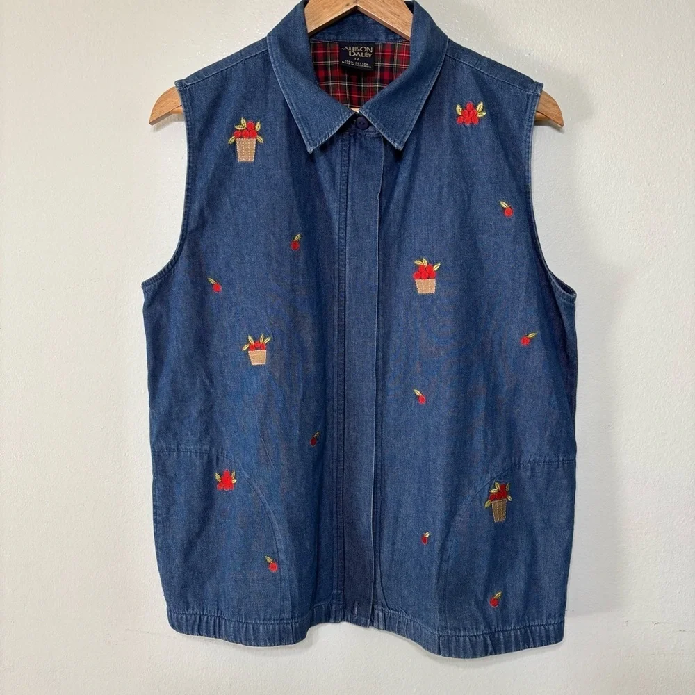 Allison Daley Vintage Cotton Apple Print Embroidered Cottagecore Fall Denim Vest